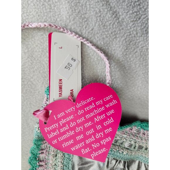 New Rinikini Bikini Top Small Crochet Metallic Teal Blue Silver Tassle - Picture 6 of 9